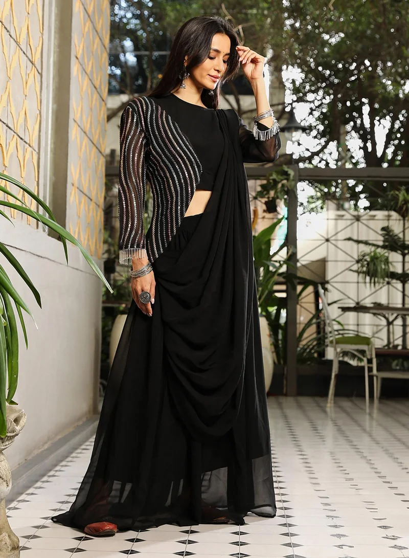  قصة Women's Midnight Black Embellished Lined Pre-Draped Saree For Casual Wear | Crew Neck | Long Sleeve | 3 Piece Pre-Draped Saree Designed With Comfort Fit For Everyday Ethnic Wear